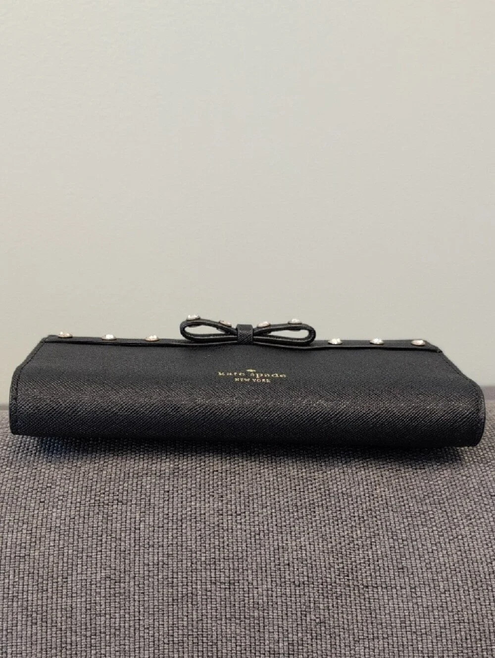 kate spade Black Saffiano Bow Wallet with Crystal Studs